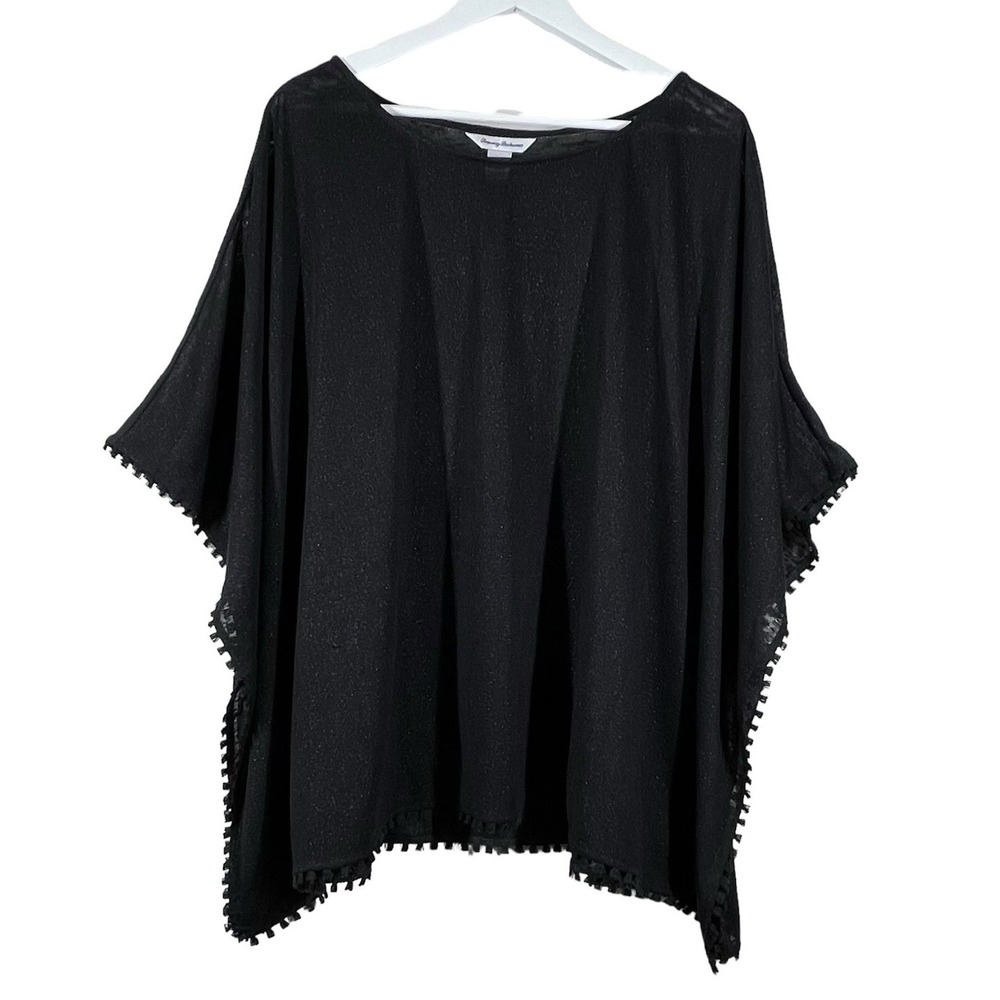 Tommy Bahama Oversized Top Size L/XL Black Shimmer Fringe Dolman S/S Beach